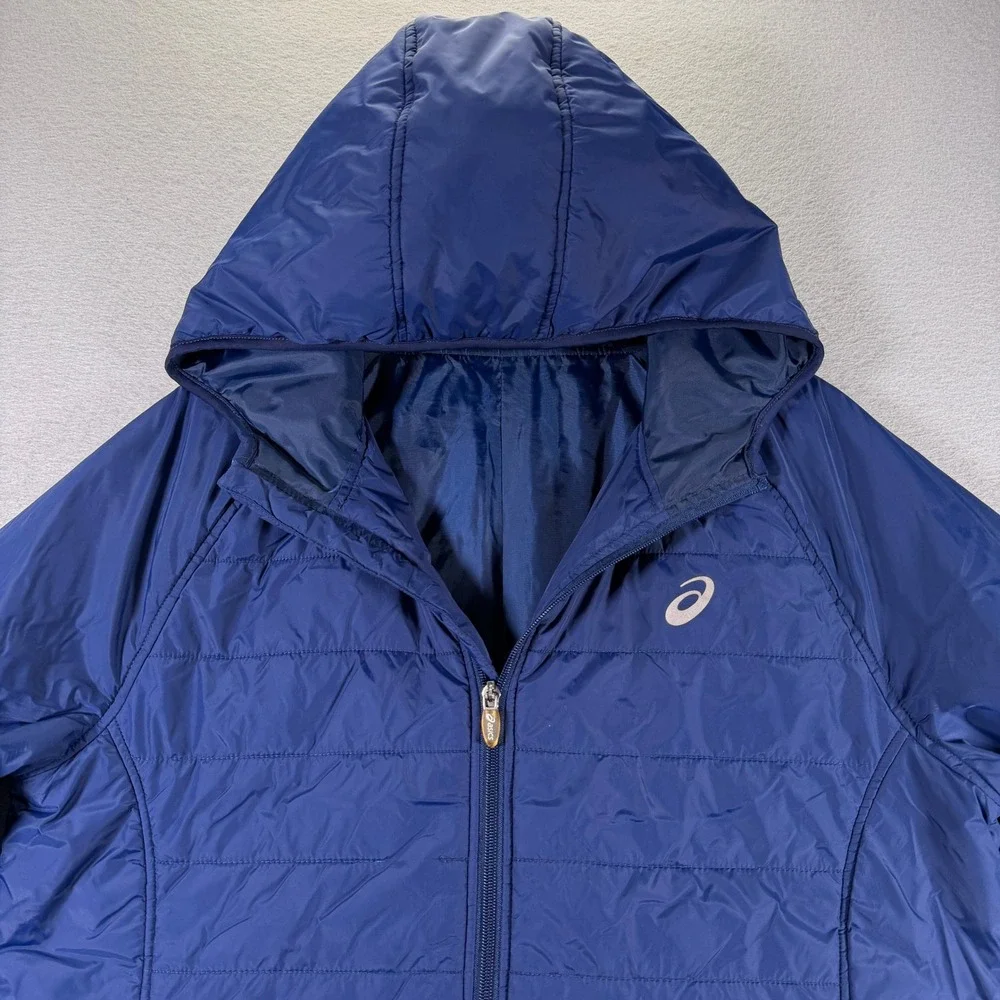 Asics Mens Blue Puffer Hooded Jacket Lightweight Full Zip‎ Athletic Sportswear